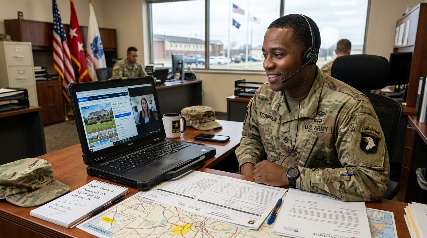 Military service member reviewing home purchase documents remotely